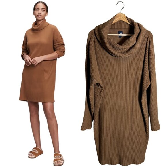 GAP Dresses & Skirts - Gap Ribbed Cowl Neck Sweater Mini Dress Women's Large Brazen Brown Cozy Knit